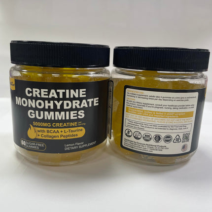 Creatine Monohydrate Gummies 5g per Serving - Sugar Free, Lemon Flavor | BCAA, Collagen, B12, D3 | 2 Pack