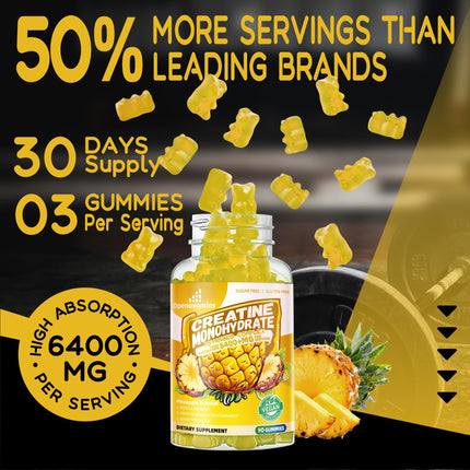 Creatine Monohydrate Gummies Complex – 6400mg per Serving, L-Taurine & Vitamin B12, Sugar Free Pineapple 90 Gummies