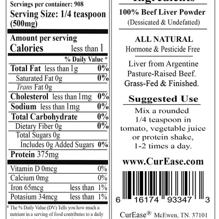 CurEase Argentine Grass-Fed Beef Liver Powder - Undefatted Desiccated 1 lb