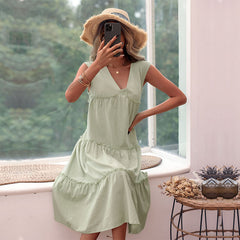 Women's Solid Color Sleeveless Cotton And Linen Dress