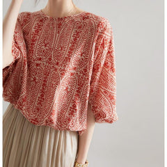 Women's Refreshing Loose Batwing Sleeve Back Lace-up Bow Floral Shirt Top