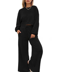 Women's Solid Color Casual Long Sleeves Trousers Two-piece Set
