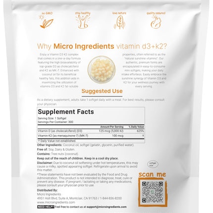 Vitamin D3 5000 IU + K2 MK-7 100 mcg – 300 Softgels, Virgin Coconut Oil