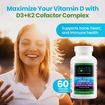 D3+K2 Cofactor Complex - Helps Maximize Vitamin D Benefits for Bone, Heart & Immune Support - Formulated with Vitamin D3, K2 (vitaMK7®), Zinc & Boron to Promote Efficient Calcium Utilization – 60 Caps