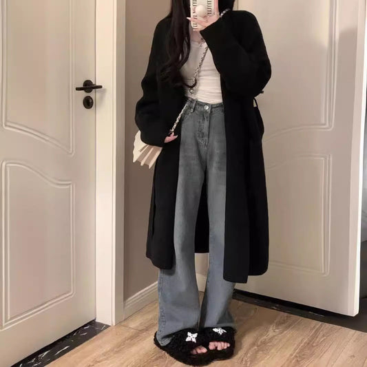 Women's Mid-length Knitted Cardigan V-neck Thickened Sweater Coat