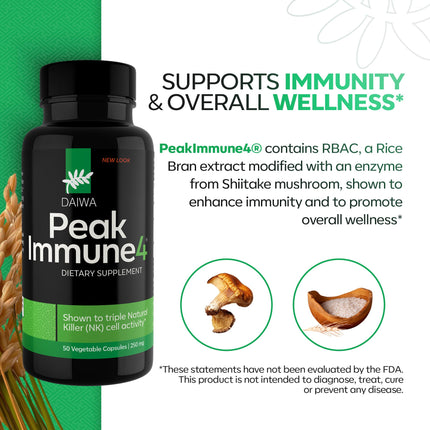 Daiwa PeakImmune4® – Immune Support Supplement for Adults with Rice Bran Arabinoxylan Compound (RBAC) and Shiitake Mushroom Enzyme – 50 Capsules