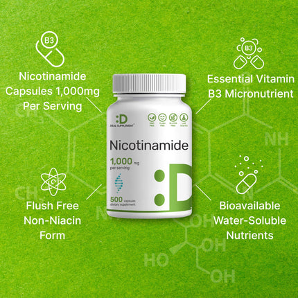 DEAL SUPPLEMENT Vitamin B3 Nicotinamide 1,000mg – 500 Capsules, Flush Free, Non-GMO