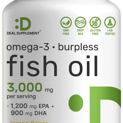 DEAL SUPPLEMENT Omega 3 Fish Oil – 3,000 mg per Serving, 240 Softgels, Burpless Lemon