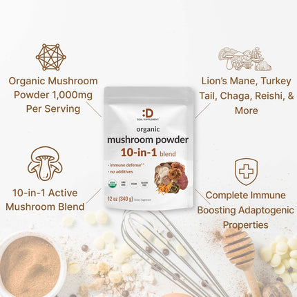 Organic Mushroom Powder 12oz | 10-in-1 Blend for Immune, Energy & Brain Health | Non-GMO Vegan