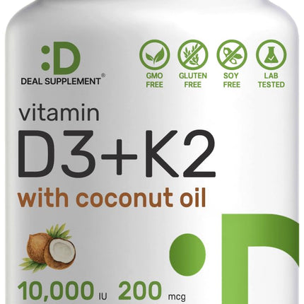 DEAL SUPPLEMENT Vitamin D3 10,000 IU + K2 MK7 200mcg Softgels – 2-in-1 Coconut Oil Carrier, 250 Count