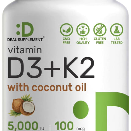 Vitamin D3 5000 IU + K2 MK7 Softgels — 2-in-1 Coconut Carrier | Heart, Bones & Immune Support