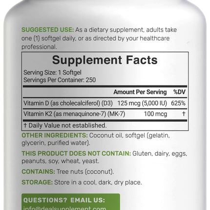 Vitamin D3 5000 IU + K2 MK7 Softgels — 2-in-1 Coconut Carrier | Heart, Bones & Immune Support
