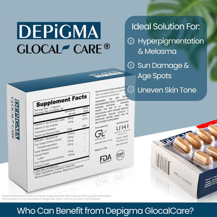 GlocalCare Depigma Support Reduction of Hyperpigmentation, Melasma & Dark Spots with Glutathione, Polypodium Leucotomos, Grape Seed & Marigold Extract