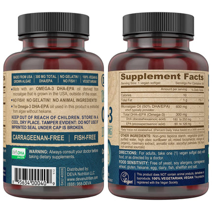 DEVA Vegan Omega-3 DHA-EPA Softgels - 300 mg DHA-EPA, 90 Count | Carrageenan & Gluten Free, Algae Oil