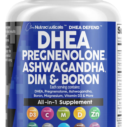 DHEA 200mg & Pregnenolone 100mg Supplement for Men & Women – DIM, Ashwagandha, Boron 6mg, Calcium Magnesium Zinc, Vitamin D3 5000 IU | Made in USA 60 Ct