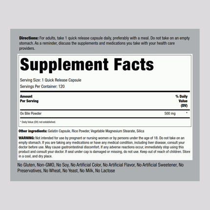 Piping Rock Ox Bile Supplement 500mg – 120 Capsules | Gluten Free & Non-GMO