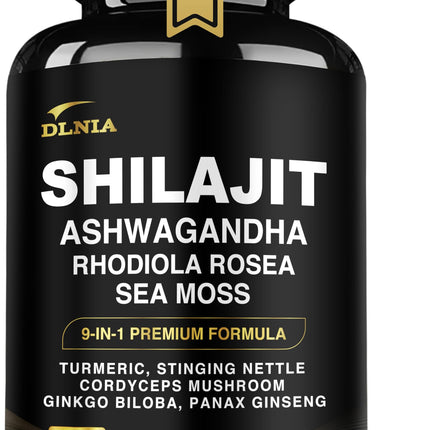 DLNIA Shilajit 9-in-1 Capsules – Organic Himalayan Complex (Ashwagandha, Sea Moss, Turmeric) – Vegan, Lab-Tested – 90 Capsules