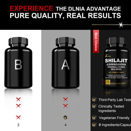 DLNIA Shilajit 9-in-1 Capsules – Organic Himalayan Complex (Ashwagandha, Sea Moss, Turmeric) – Vegan, Lab-Tested – 90 Capsules