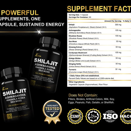 DLNIA Shilajit 9-in-1 Capsules – Organic Himalayan Complex (Ashwagandha, Sea Moss, Turmeric) – Vegan, Lab-Tested – 90 Capsules