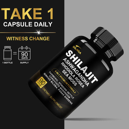 DLNIA Shilajit 9-in-1 Capsules – Organic Himalayan Complex (Ashwagandha, Sea Moss, Turmeric) – Vegan, Lab-Tested – 90 Capsules
