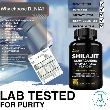 DLNIA Shilajit 9-in-1 Capsules – Organic Himalayan Complex (Ashwagandha, Sea Moss, Turmeric) – Vegan, Lab-Tested – 90 Capsules