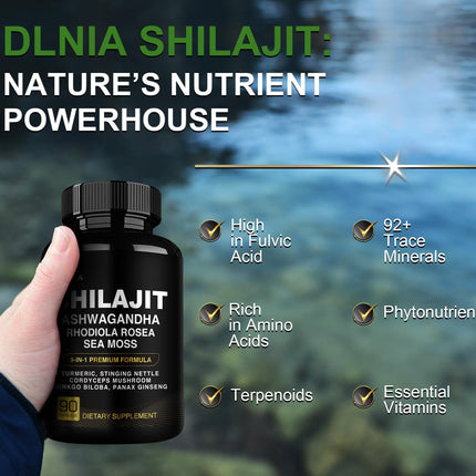 DLNIA Shilajit 9-in-1 Capsules – Organic Himalayan Complex (Ashwagandha, Sea Moss, Turmeric) – Vegan, Lab-Tested – 90 Capsules