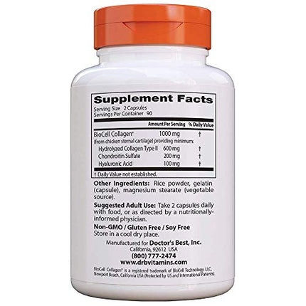 Doctor's Best Hyaluronic Acid with Chondroitin Sulfate Featuring BioCell Collagen – Joint Support, Skin Health, Non-GMO, Gluten Free, Soy Free, 180 Count
