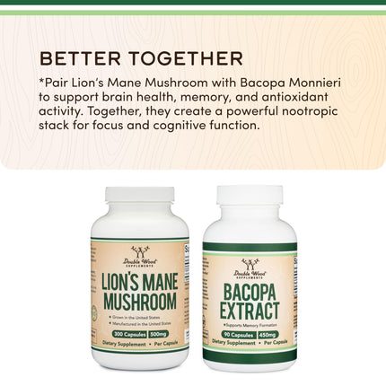 Double Wood Organic Lions Mane Capsules (300 ct) – Focus & Immune Support, USA-Grown