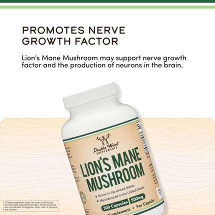 Double Wood Organic Lions Mane Capsules (300 ct) – Focus & Immune Support, USA-Grown