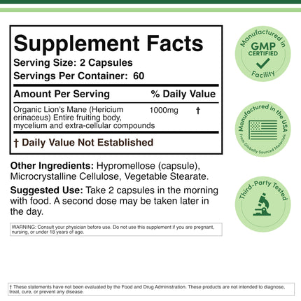 Organic Lions Mane Mushroom Capsules (120 Count), for Focus Support and Immune Health, Third Party Tested and Grown in The USA - by Double Wood