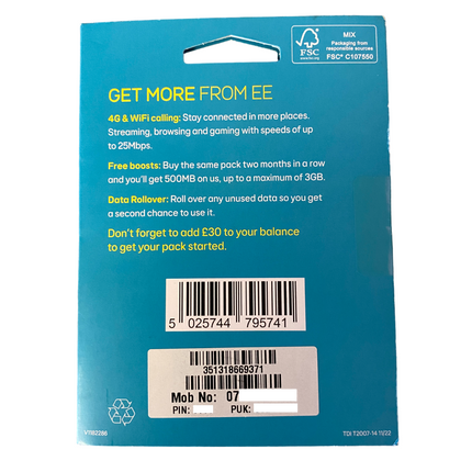 EE Pay As You Go Sim Card - £30 Subscription Pack