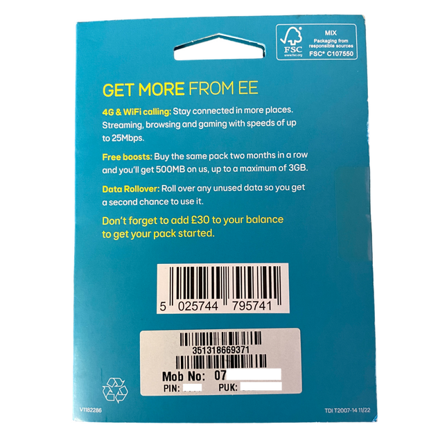 EE Pay As You Go Sim Card - £30 Subscription Pack