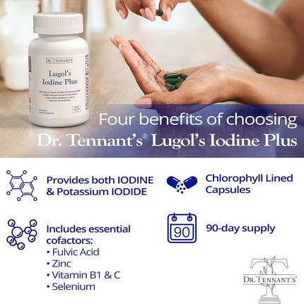 Dr. Tennant's Iodine Supplement Plus | Lugol's Iodine & Potassium Iodide with Selenium & Zinc | Supports Thyroid & Breast Health | 90 Capsules