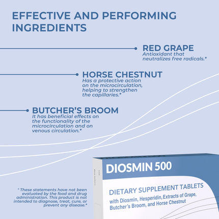 Dulàc Diosmin 500 with Horse Chestnut, Butcher’s Broom, Red Grape & Hesperidin | 80 Tablets | Made in Italy
