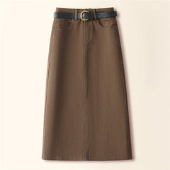 Brown A- Line Straight Skirt Retro Slit Hip Skirt