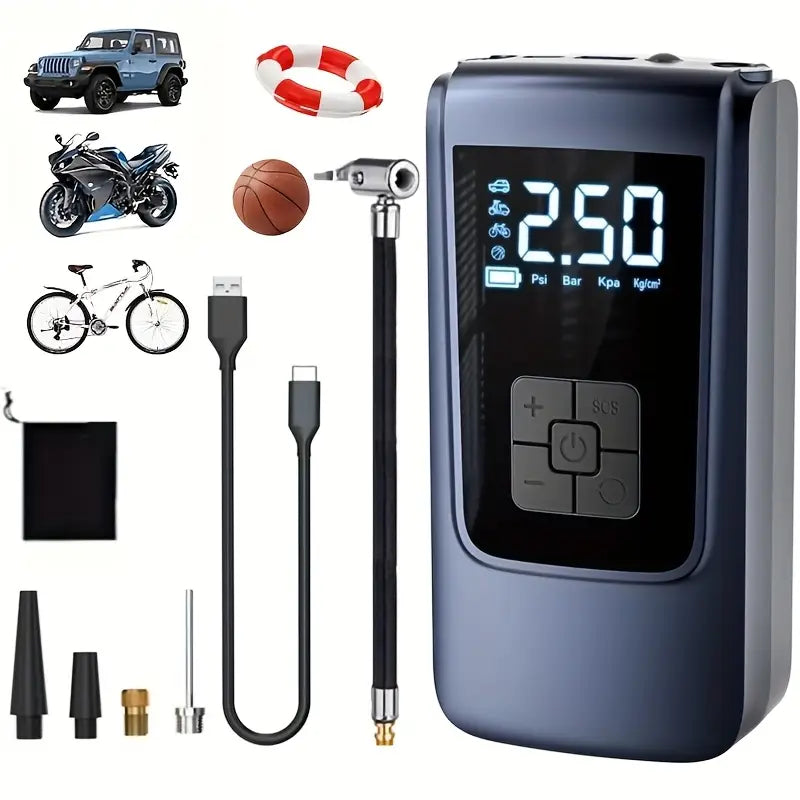 Portable Car Tire Inflator Pump with LED Light – USB Rechargeable Digital Air Compressor, 18650 Lithium Battery Powered, Compact Electric Pump for Cars, Motorcycles, Bicycles & Sports Balls | Modern Car Accessory with Digital Display