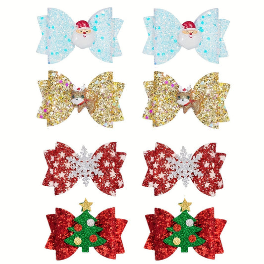 8pcs Christmas Reindeer & Sequin Bow Hair Clip Set - Cute Faux Leather Holiday Party Accessories for Women and Girls
