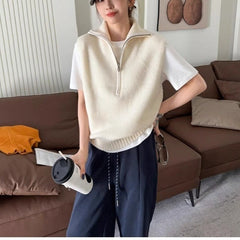 Retro Half Zipper Sleeveless Knit Vest