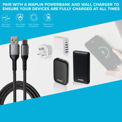 Maplin USB-C to USB-A 60W Braided Cable - Grey