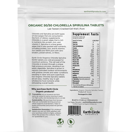 Earth Circle Organics Premium Organic Chlorella & Spirulina Tablets 1000 Count (50/50) – Cracked Cell Wall for Maximum Absorption | Vegan, Kosher Green Algae Superfood | Pack of 2