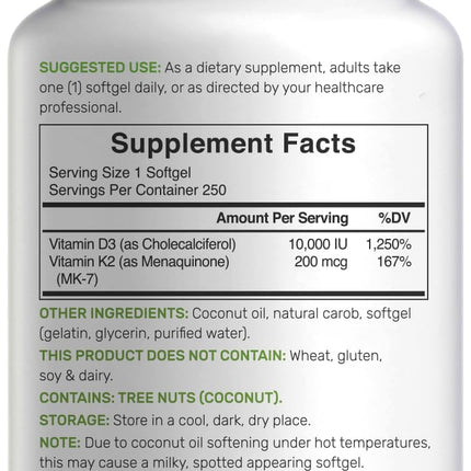 DEAL SUPPLEMENT Vitamin D3 10,000 IU + K2 MK7 200mcg Softgels – 2-in-1 Coconut Oil Carrier, 250 Count