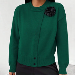 Women's Premium Elegant Solid Color Buttons Black Flower Knitted Pullover