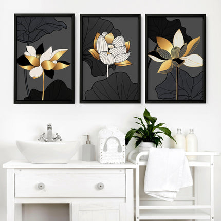 Bathroom decor black and Gold | set of 3 framed wall art