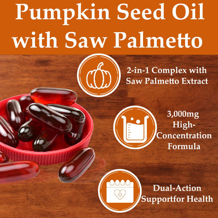 EILTEAU Pumpkin Seed Oil with Saw Palmetto - 3000mg per Serving, Cold Pressed, 180 Softgels | Non-GMO
