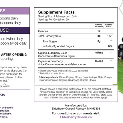Elderberry Queen Organic Elderberry Syrup 30 Fl Oz – Sambucus & Aronia, USA Made