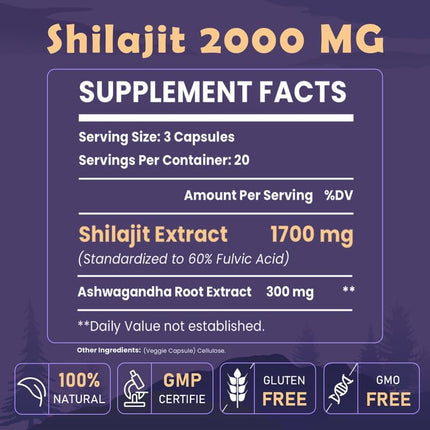 Elikadur 2000 mg Shilajit Supplement – 85+ Minerals, 60% Fulvic Acid, 120 Vegan Capsules