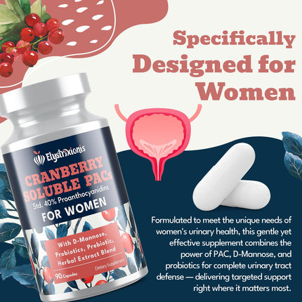 Elystrixionis 72mg PAC Cranberry Pills for Women - 180 Capsules | Urinary Tract Health with D-Mannose