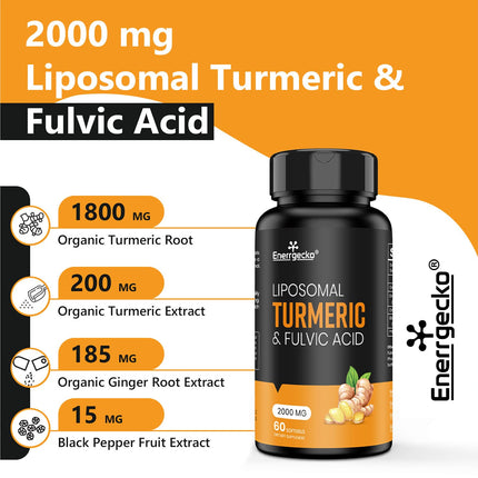 Enerrgecko 2000 mg Liposomal Turmeric Curcumin Softgels - Black Pepper & Ginger, Fulvic & Humic Acids, 3-Month Supply