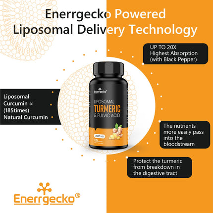 Enerrgecko 2000 mg Liposomal Turmeric Curcumin Softgels - Black Pepper & Ginger, Fulvic & Humic Acids, 3-Month Supply