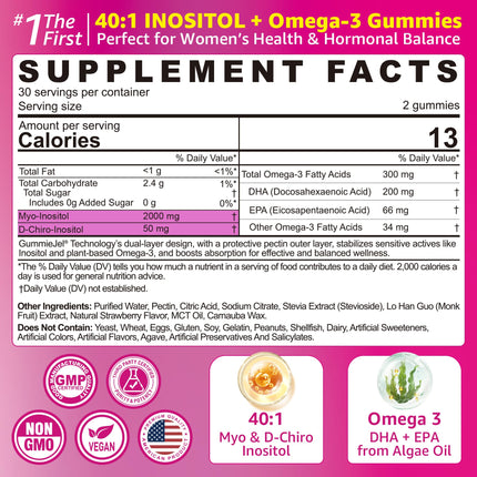 EnvyCure Inositol + Omega-3 Gummies for Women – Hormonal Balance & Cycle Health (40:1) – Vegan Sugar-Free, 60 Ct